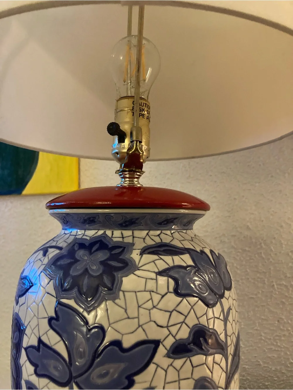 Vintage Blue and White Floral Ceramic Lamp with Red Accents